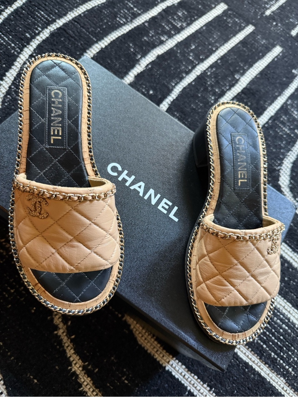 CHANEL Beige Quilted Leather Chain-Trim Slide Mules